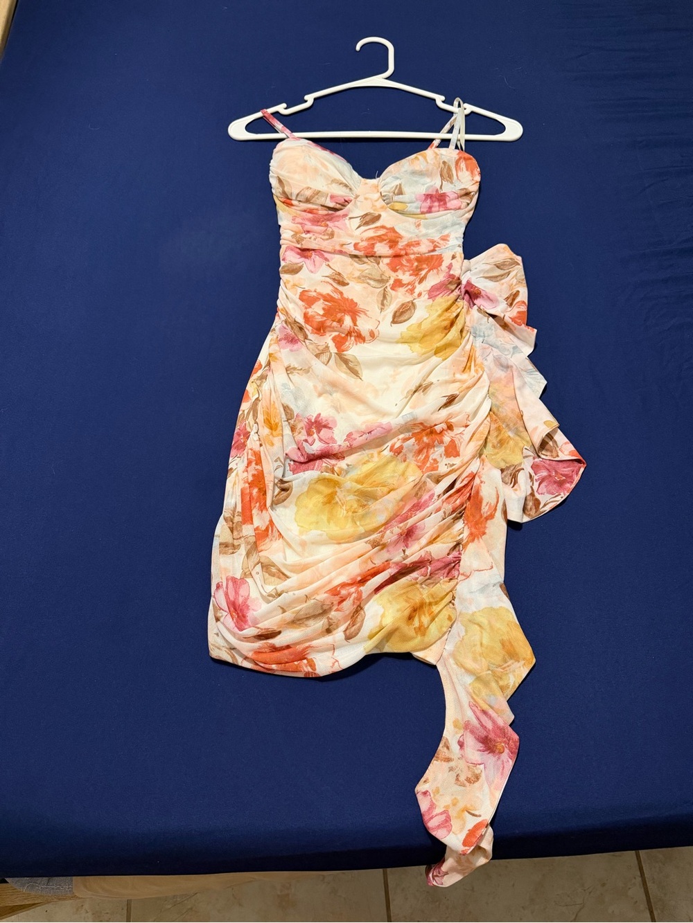 Windsor Floral Ruffle Sweetheart Mini Dress in Coral, Yellow & Pink
